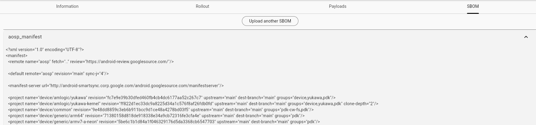 AOSP SBOM Example via AOSP Pinned Manifest